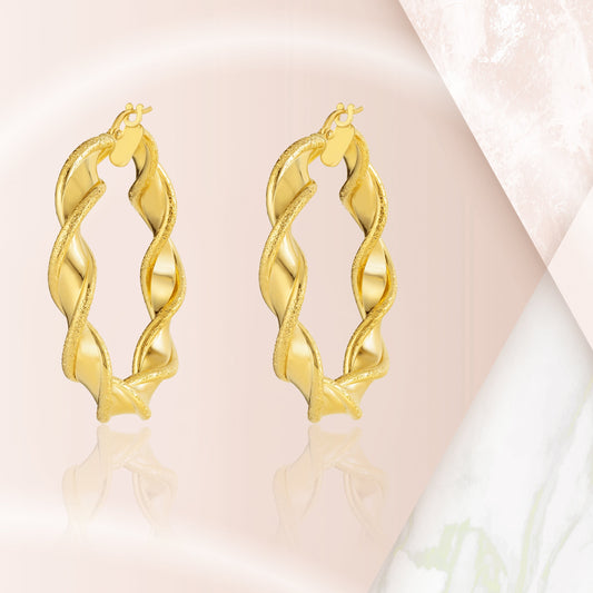18K Pure Gold Twisted Round Loop Earrings