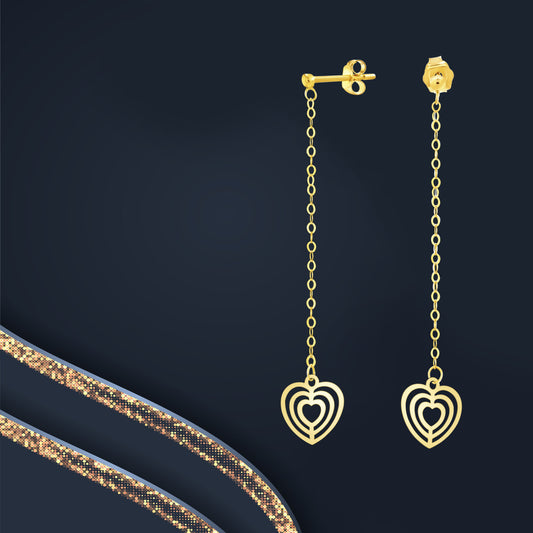 18K Pure Gold Hanging Heart Earring Set