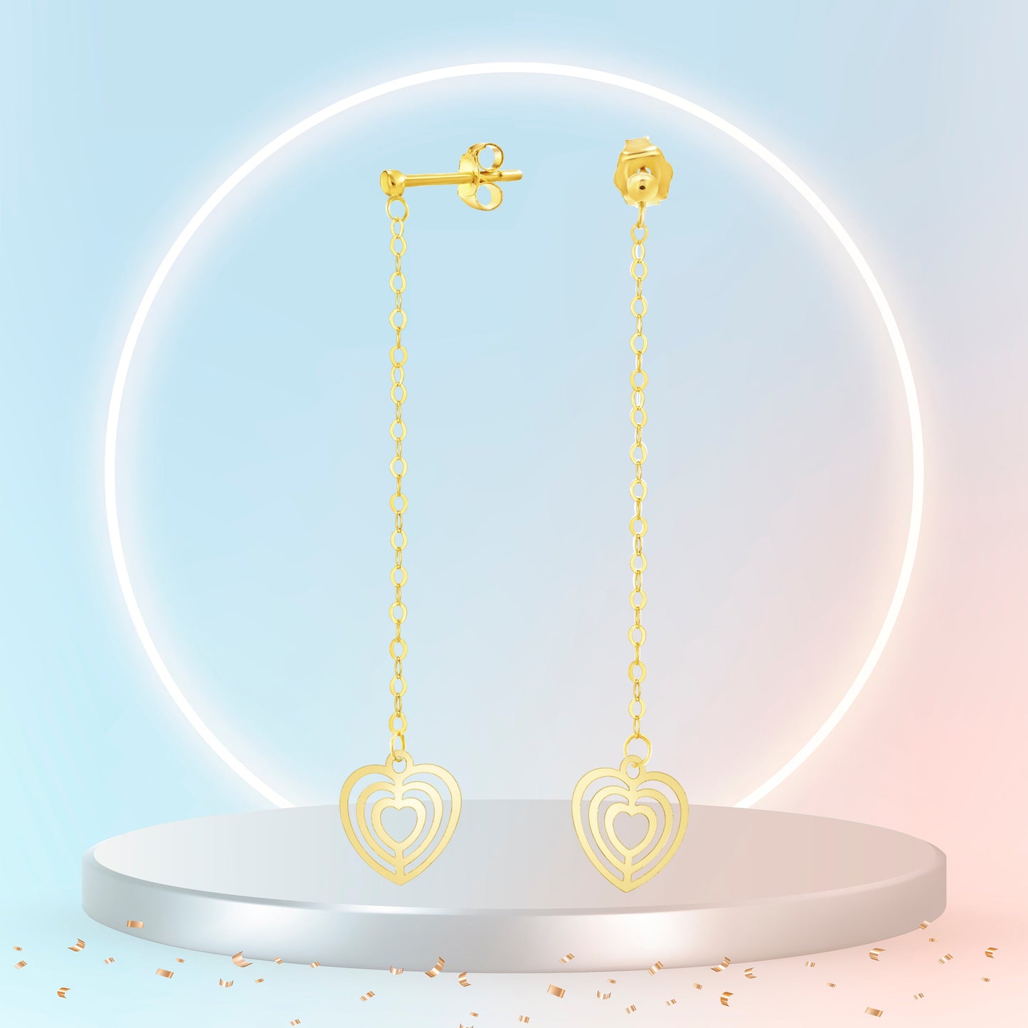 18K Pure Gold Hanging Heart Earring Set