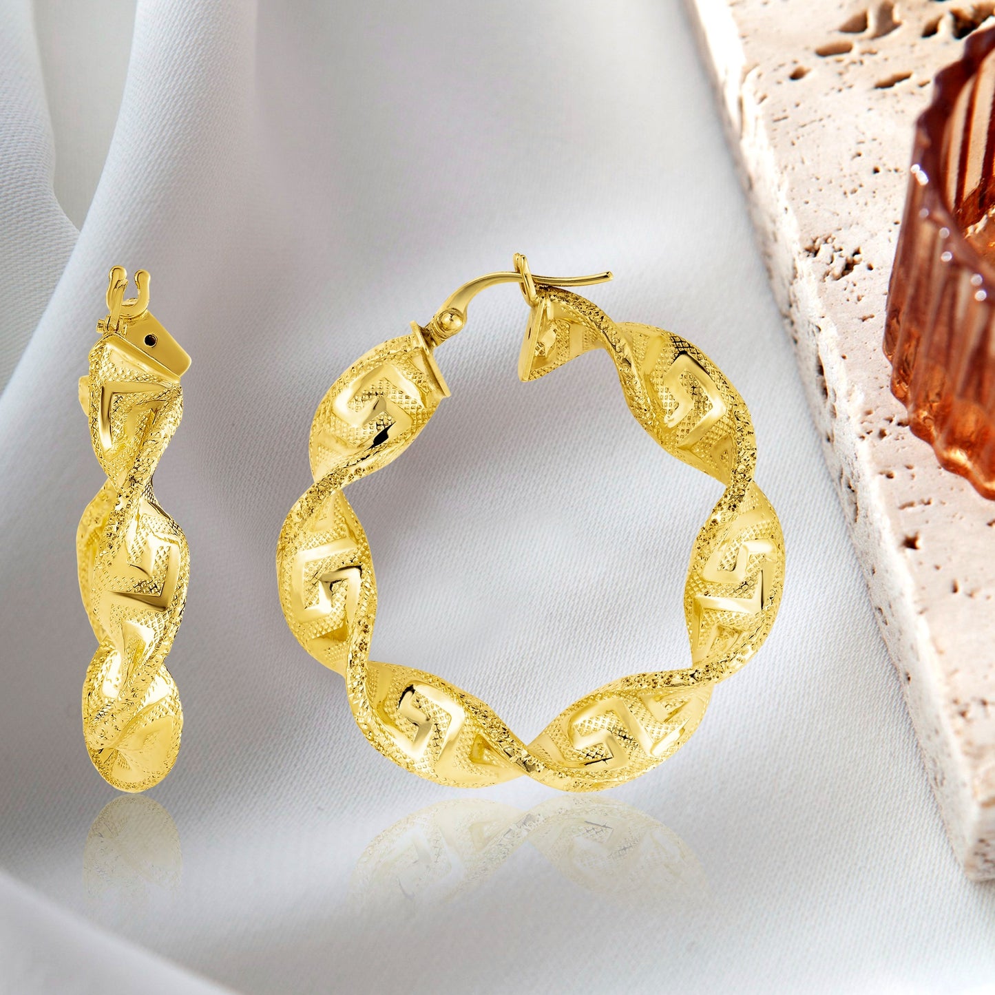 18K Pure Gold Twisted Round Loop Earrings