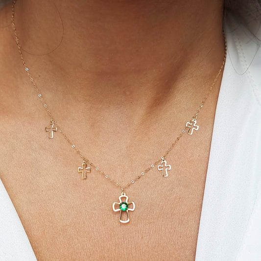 18K Pure Gold Green Stone Cross Necklace
