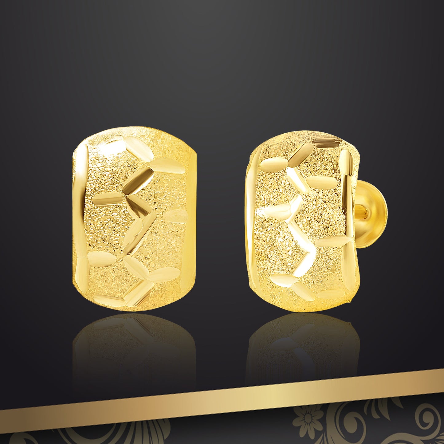 18K Pure Gold Curved Square Screw Earring Set