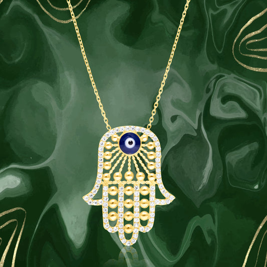 18K Pure Gold Palm Stone Evil Eye Necklace