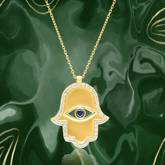 18K Pure Gold Palm Stone Evil Eye Necklace