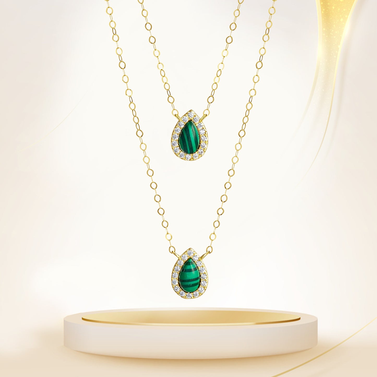 18K Pure Gold 2 Layer Green Stone Necklace
