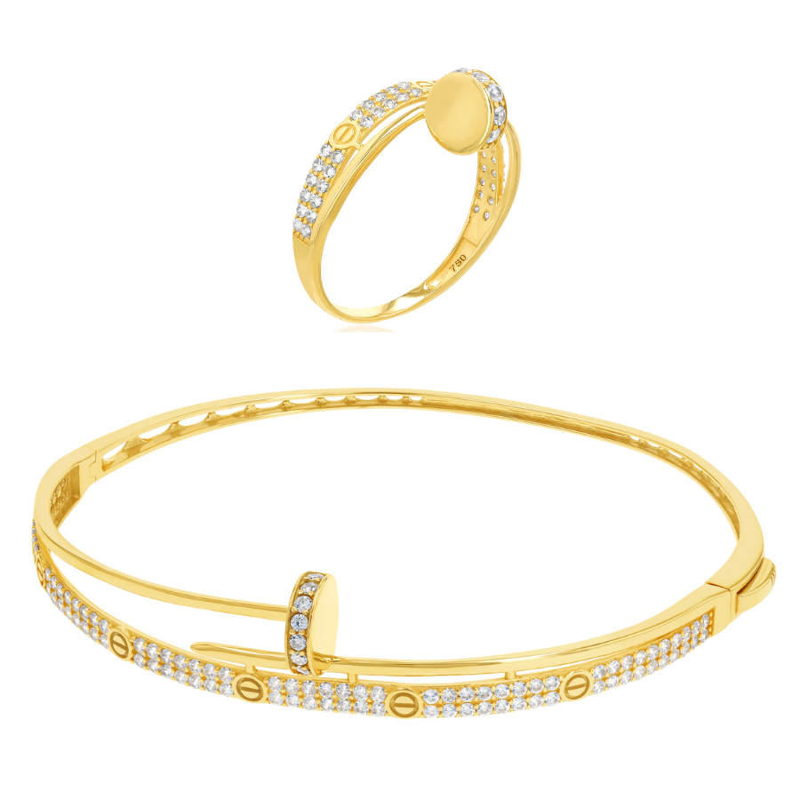 18K Pure Gold Elegant Stone Bangle & Ring