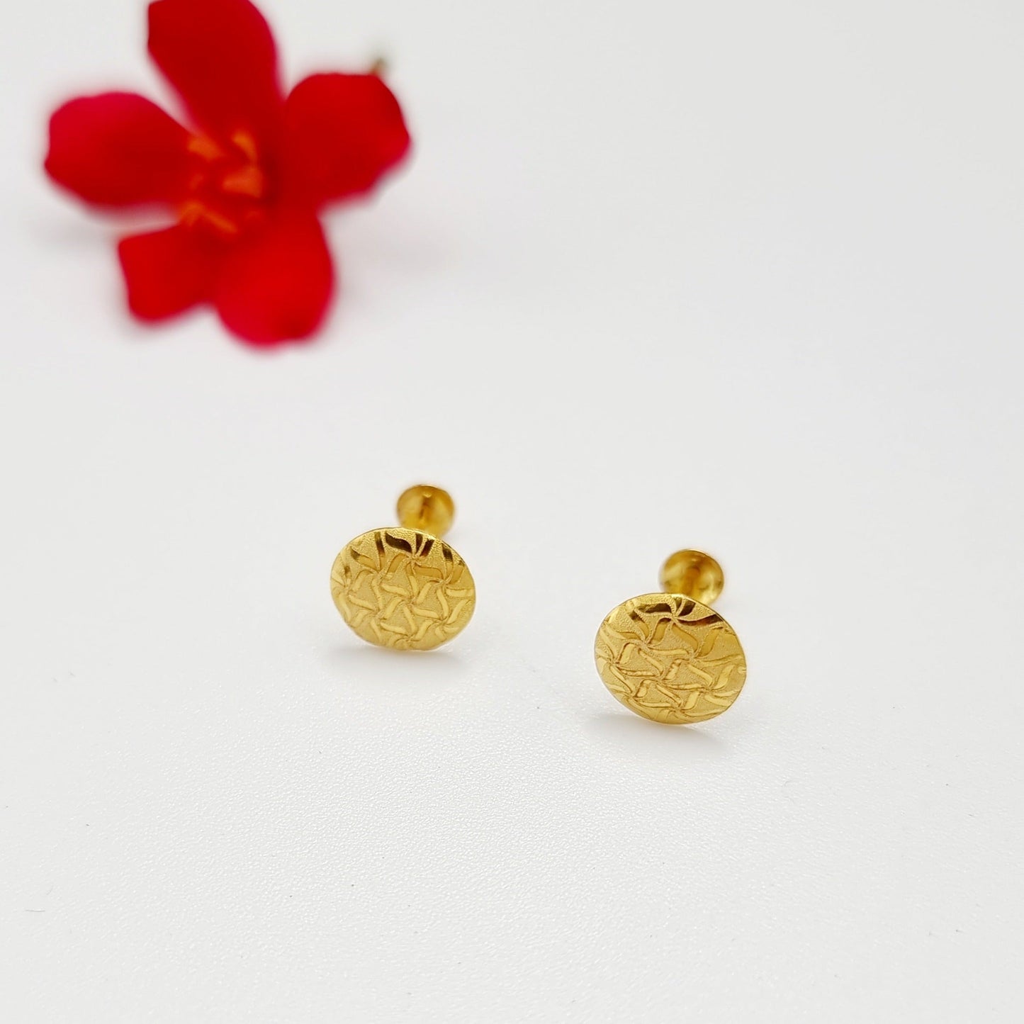 18K Pure Gold Round Stud Earring Set