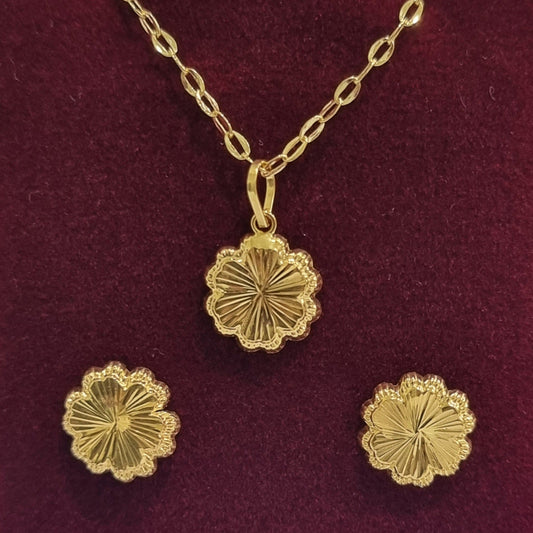18K Pure Gold Fine Lined Flower Jewelry Set