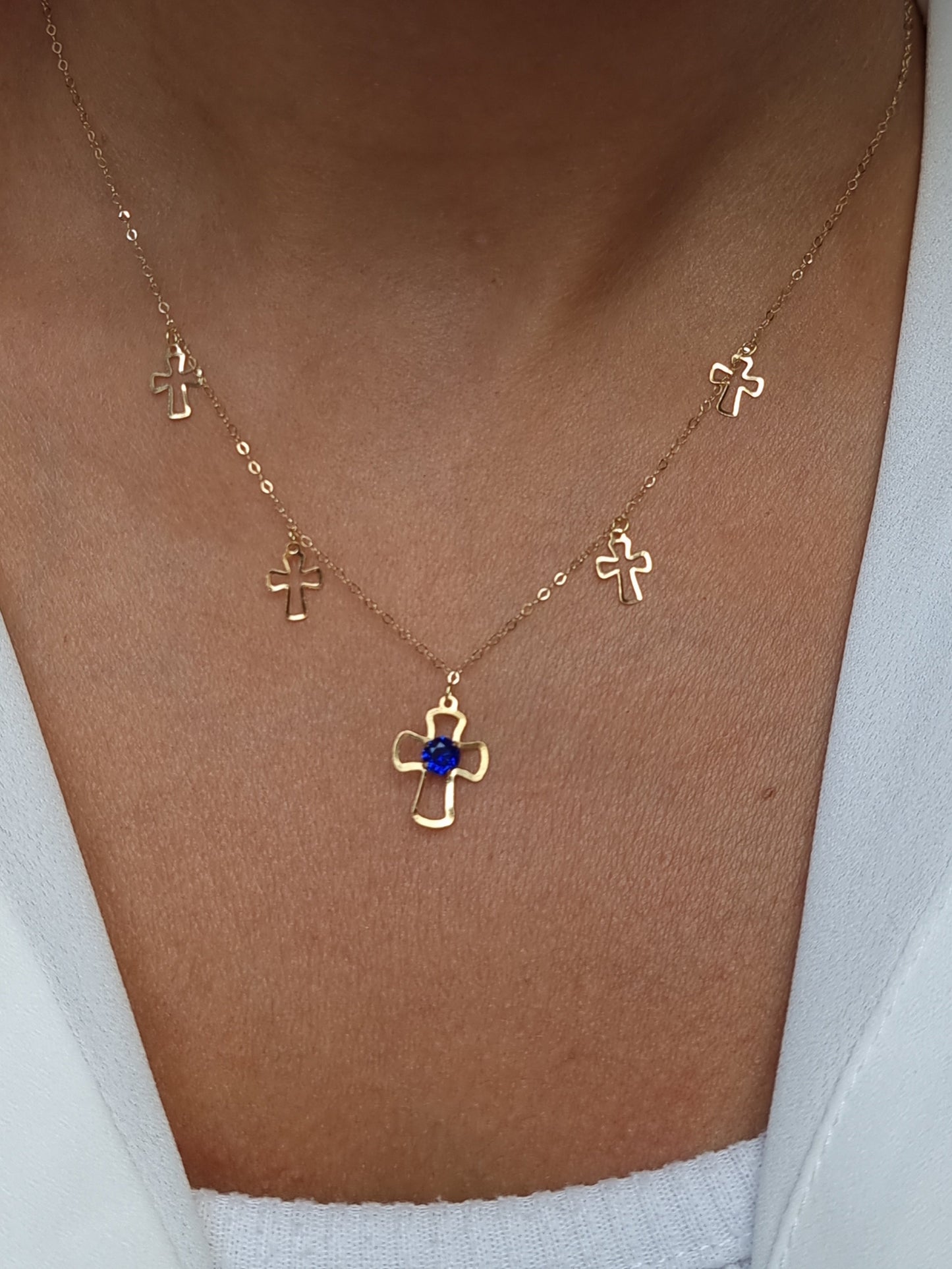 18K Pure Gold Blue Stone Cross Necklace