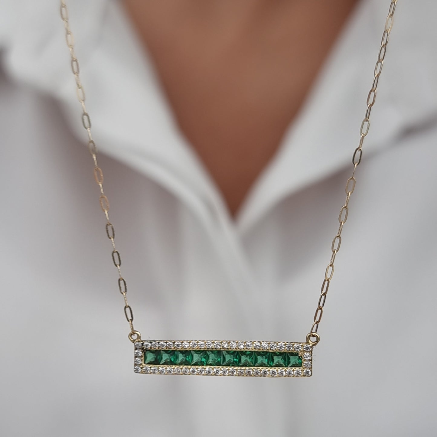 18K Pure Gold Green Long Stone Necklace