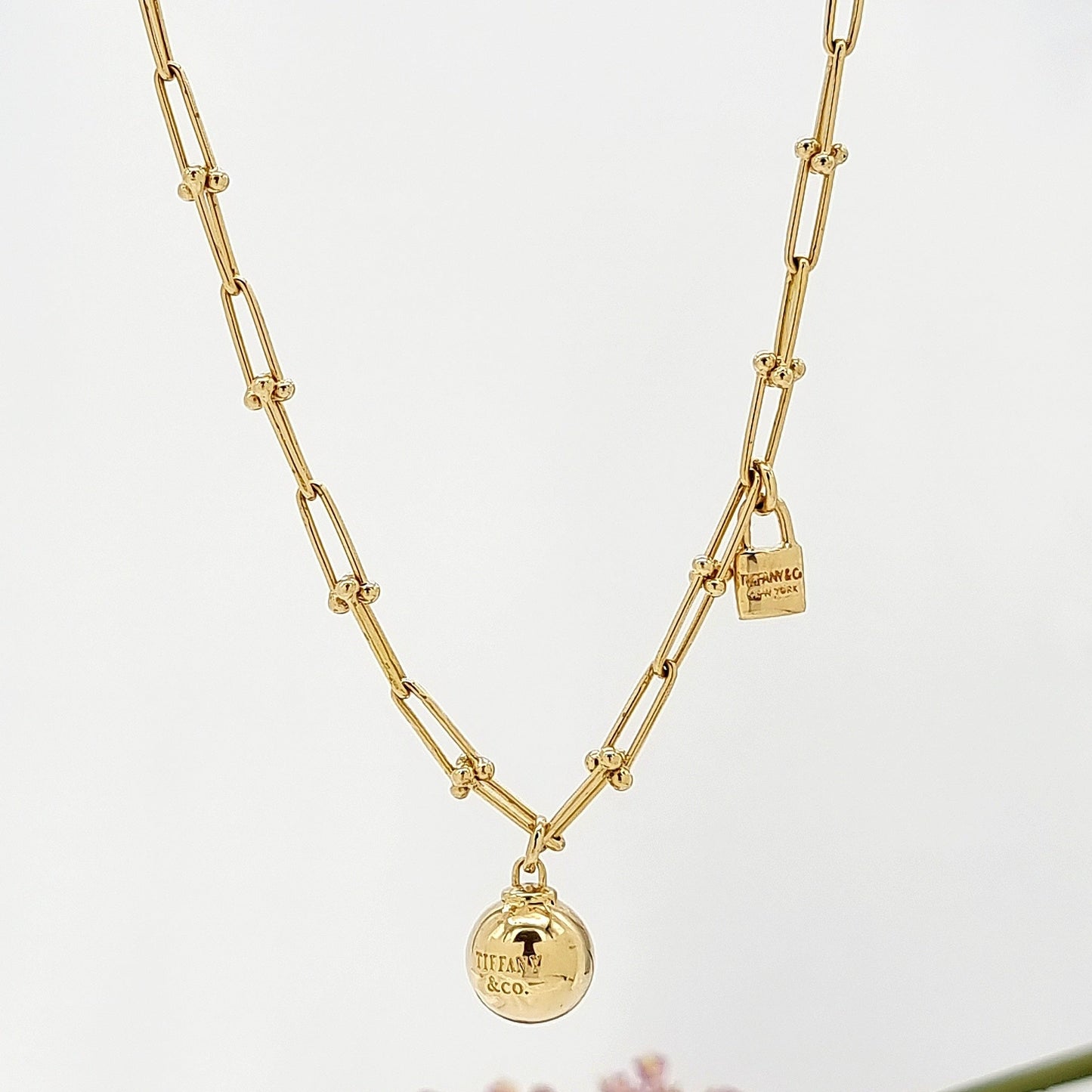 18K Pure Gold Linked Ball & Lock Necklace