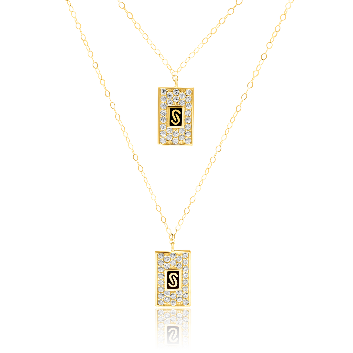 18K Pure Gold 2 Layer Elegant Square Stone Necklace