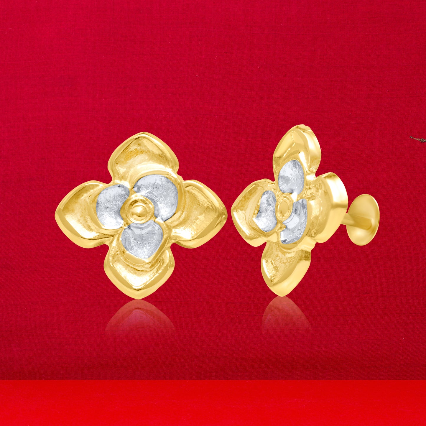 18K Pure Gold 2 Color Flower Screw Earring Set