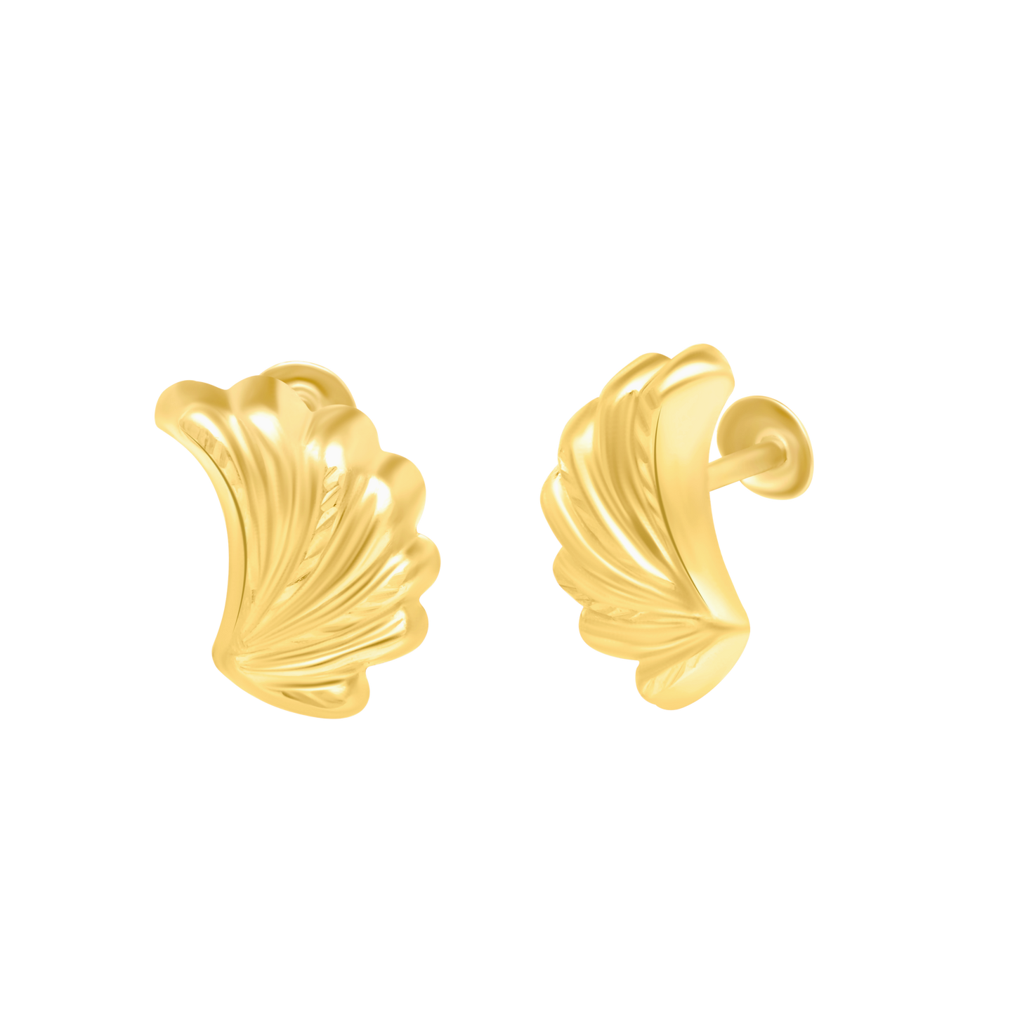 18K Pure Gold Feather Screw Earrings