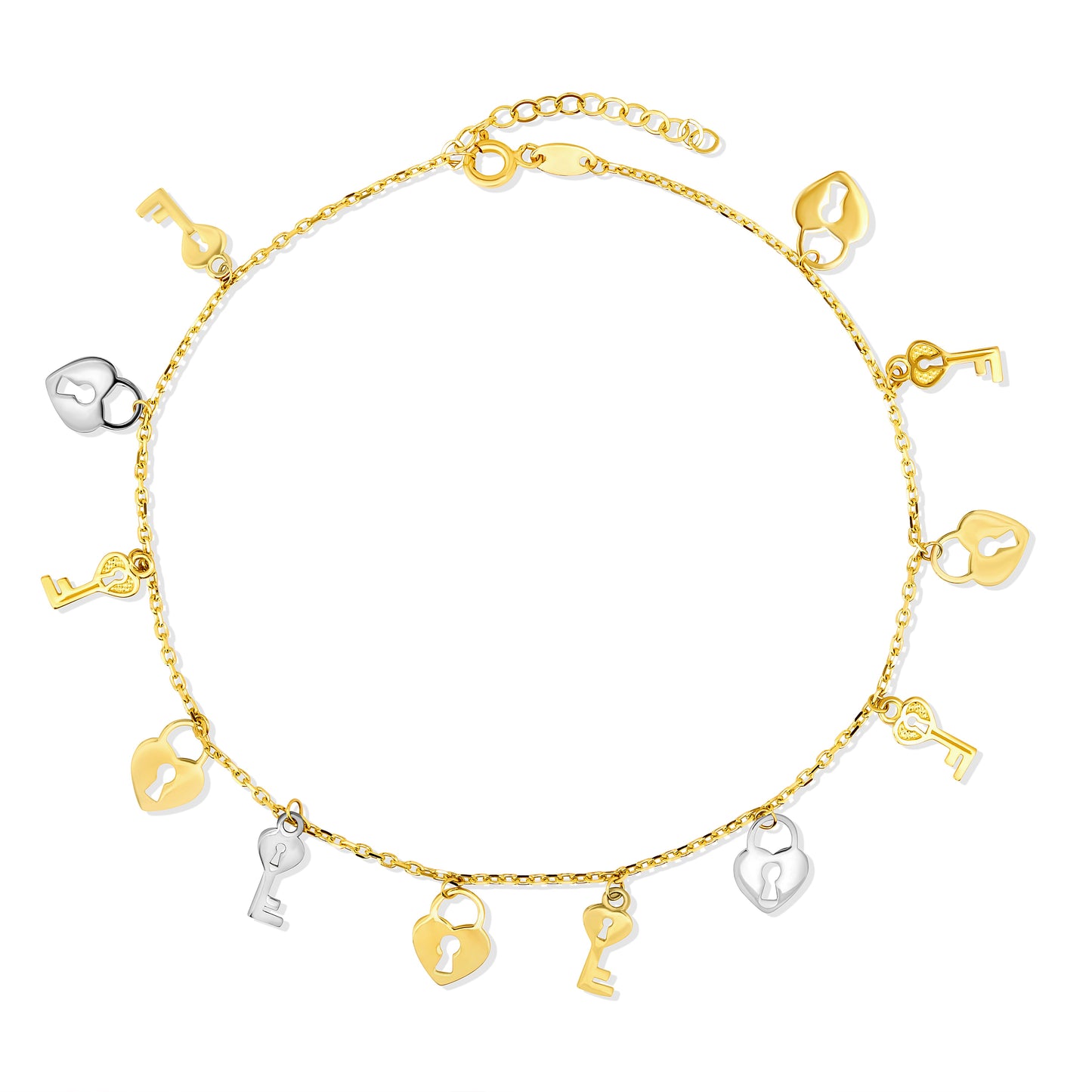 18K Pure Gold 2 Color Hanging Key Heart Anklet