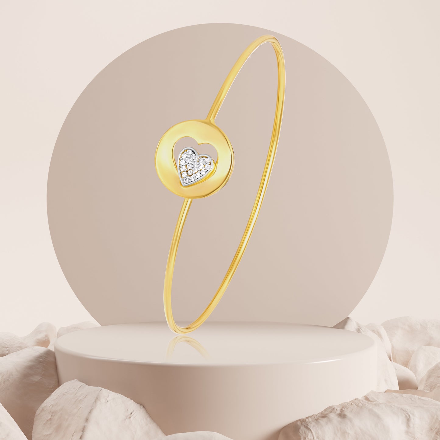 18K Pure Gold Stone Heart Bangle