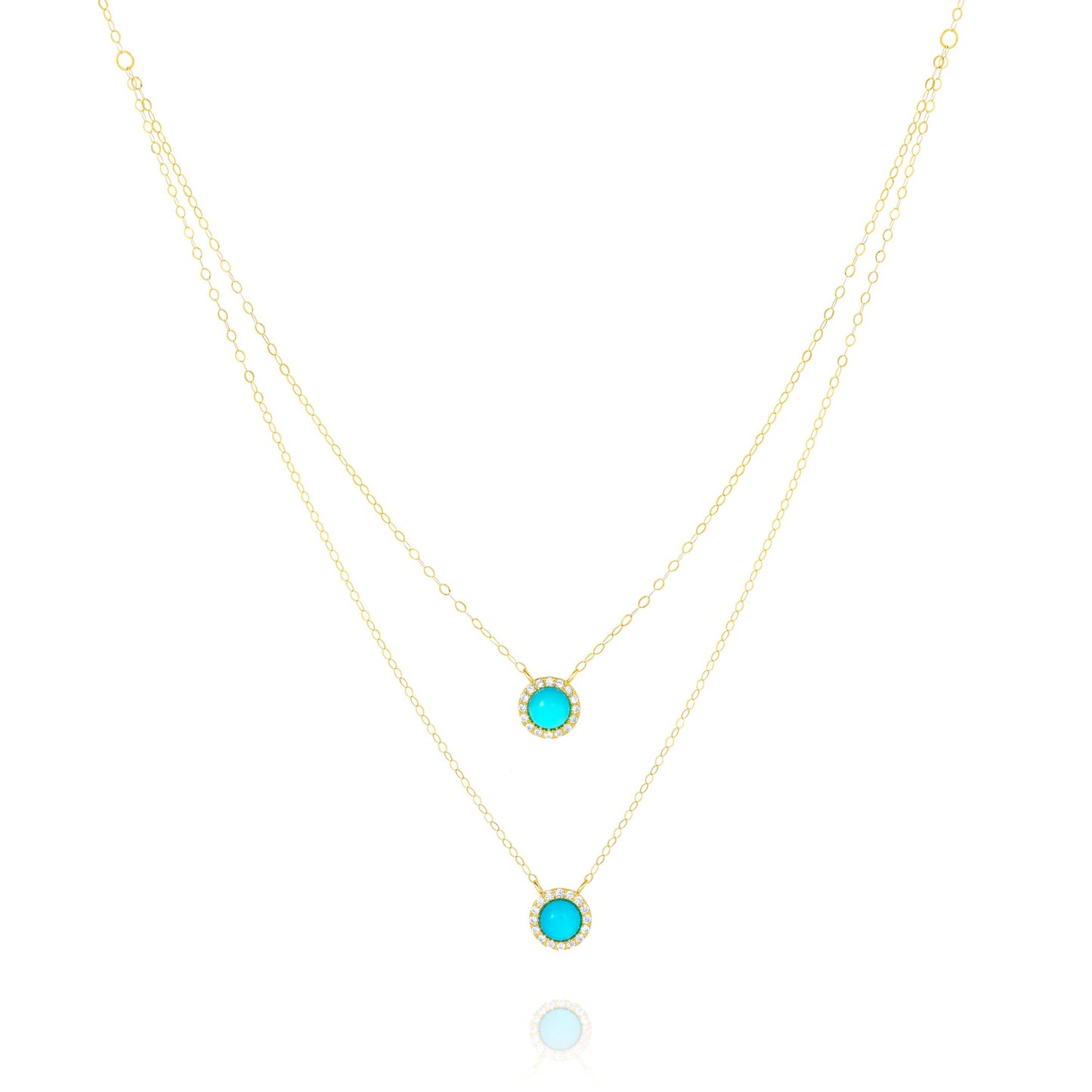 18K Pure Gold 2 Layer Round Light Blue Stone Necklace