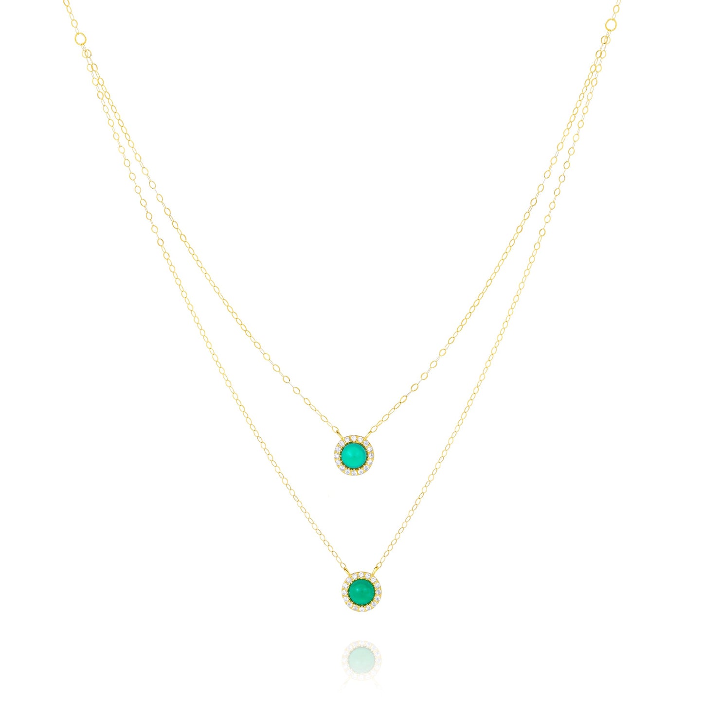 18K Pure Gold 2 Layer Round Green Stone Necklace