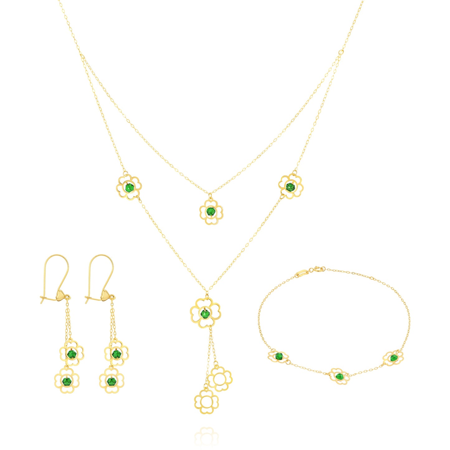 18K Pure Gold Green Stone Flower Jewelry Set