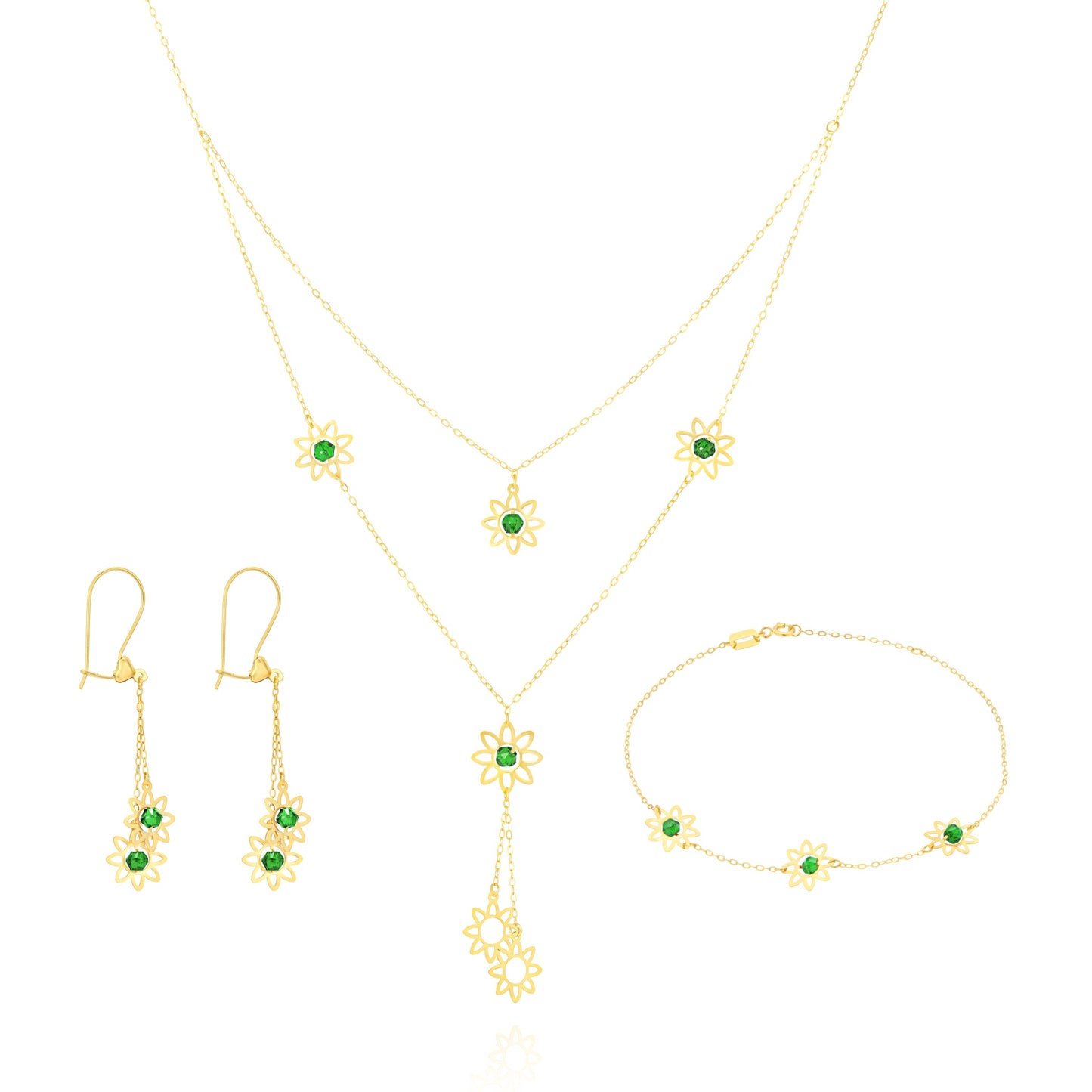 18K Pure Gold Green Stone Flower Jewelry Set