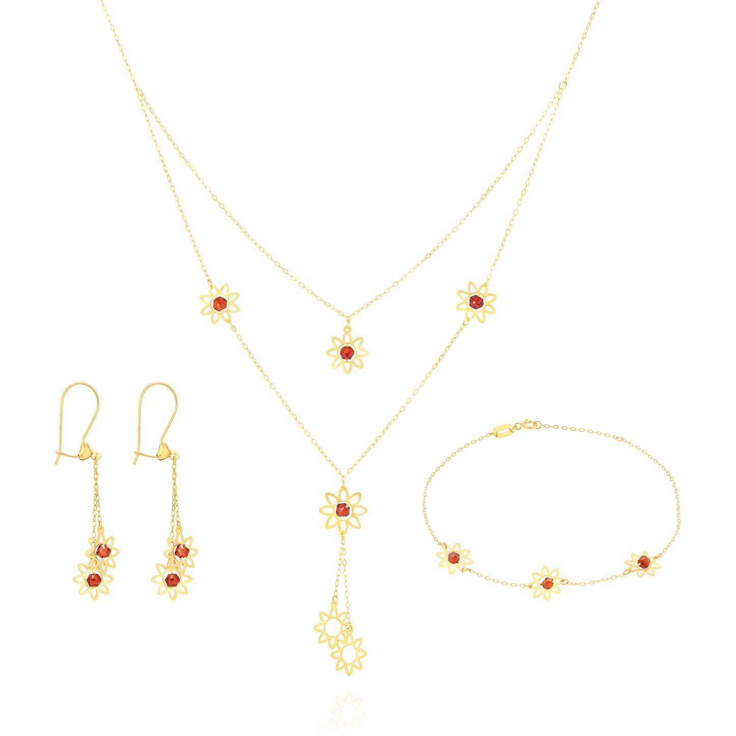 18K Pure Gold Red Stone Flower Jewelry Set