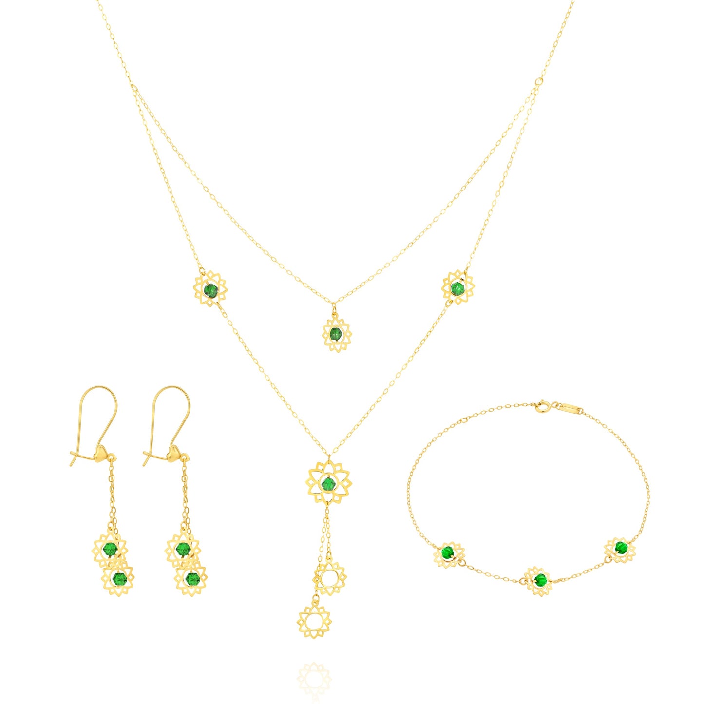 18K Pure Gold Green Stone Flower Jewelry Set