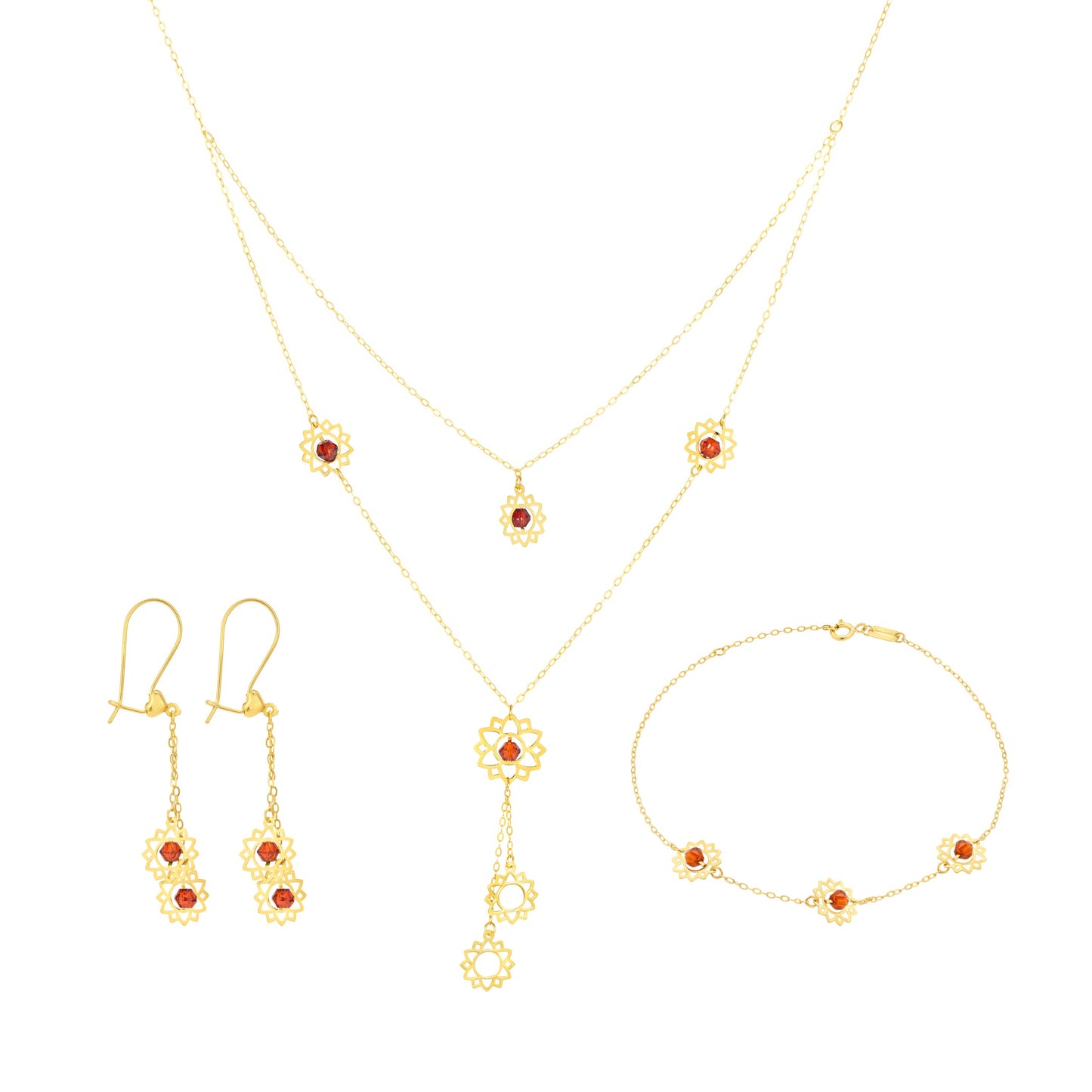 18K Pure Gold Red Stone Flower Jewelry Set