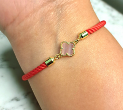 18K Pure Gold V.C Pink Flower Red Thread Bracelet