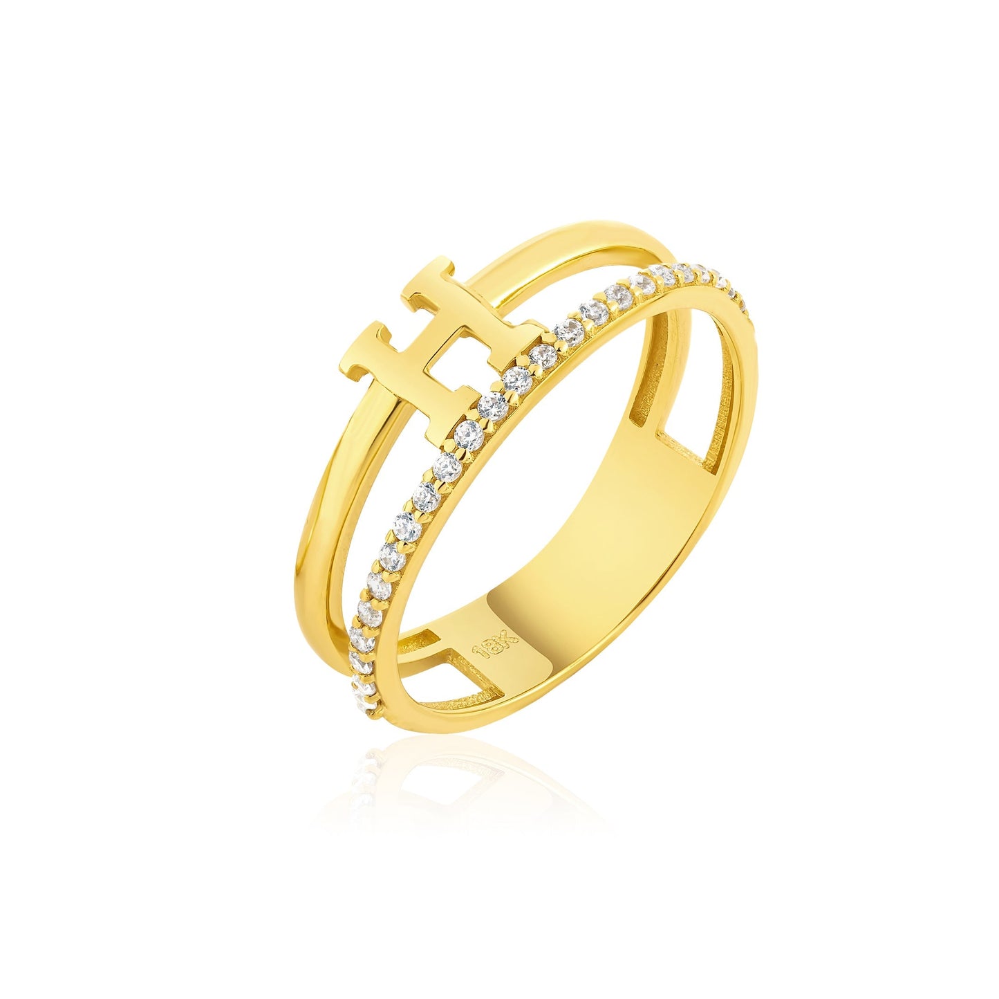18K Pure Gold Elegant H Stone Ring