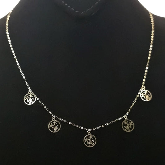 18K Pure Gold 5 Round Flower Necklace