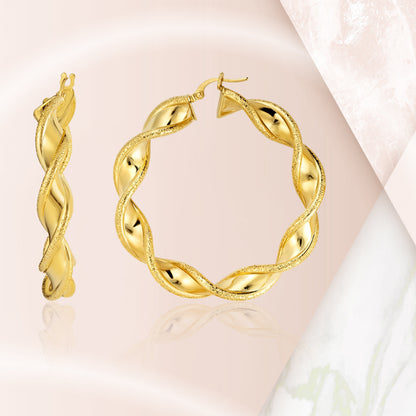 18K Pure Gold Twisted Round Loop Earrings