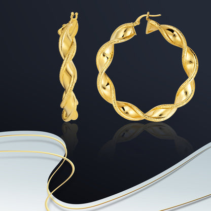18K Pure Gold Twisted Round Loop Earrings