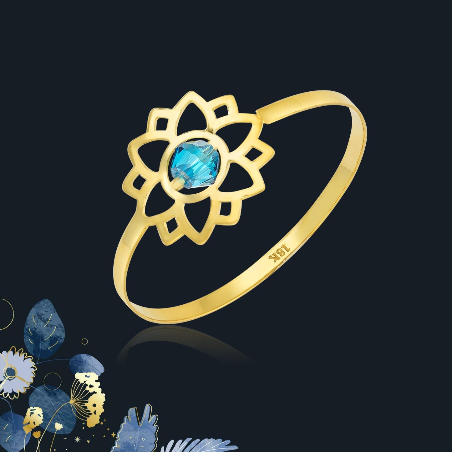18K Pure Gold Elegant Flower w/ Zircon Stone Design Ring