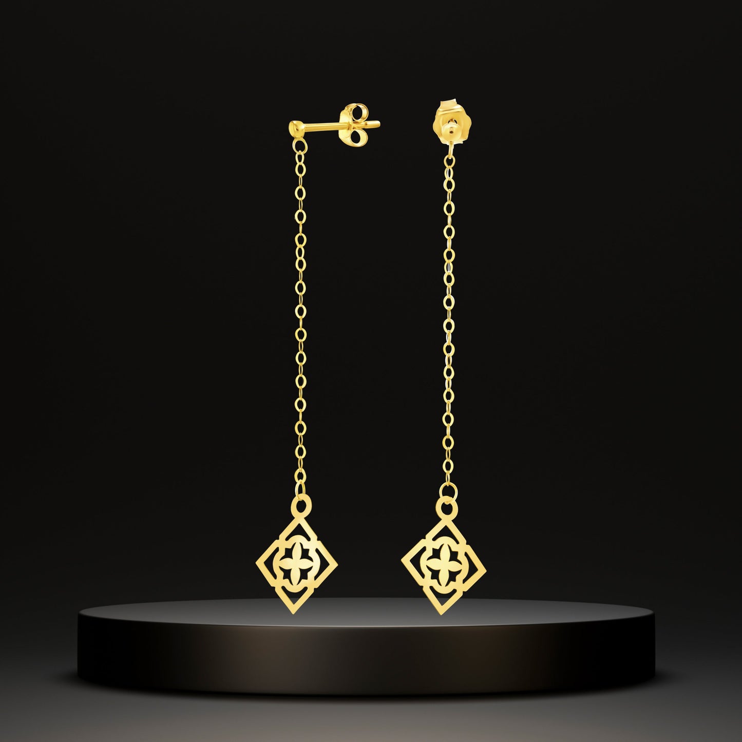 18K Pure Gold Hanging Square Earring Set