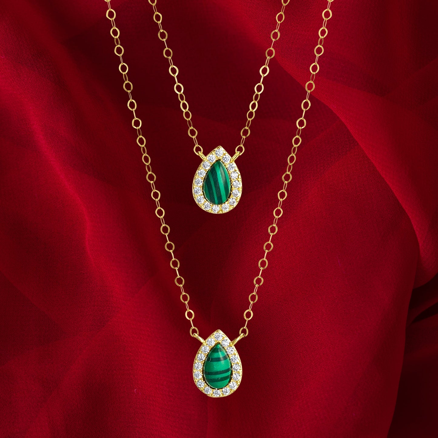 18K Pure Gold 2 Layer Green Stone Necklace