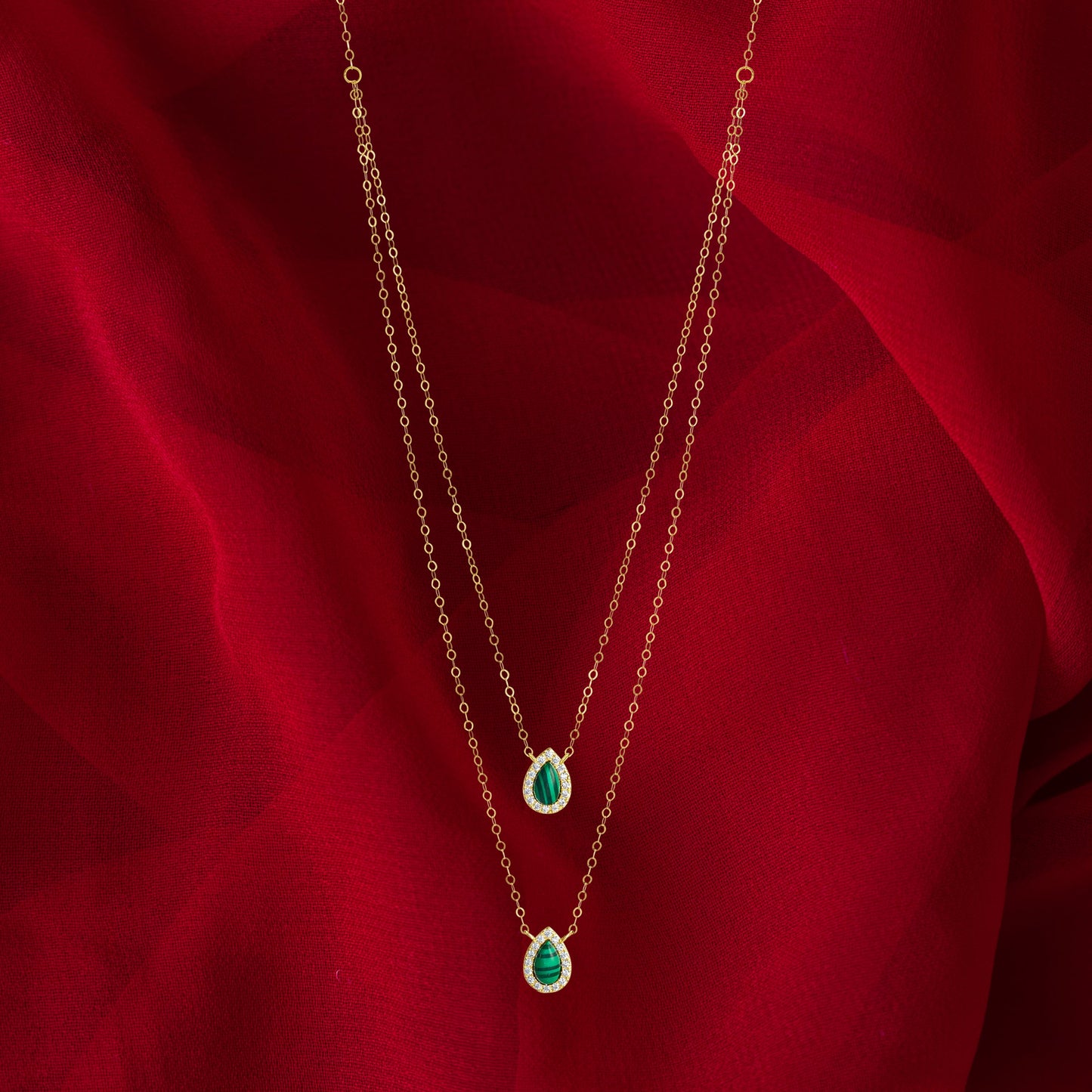 18K Pure Gold 2 Layer Green Stone Necklace