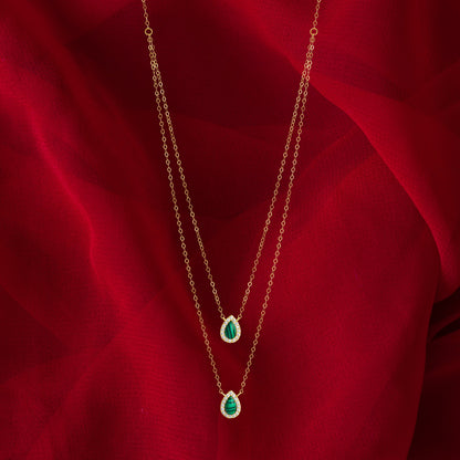18K Pure Gold 2 Layer Green Stone Necklace