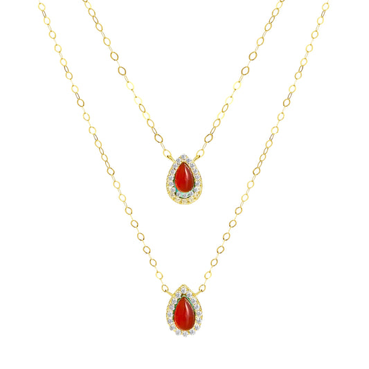 18K Pure Gold 2 Layer Red Stone Necklace