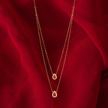 18K Pure Gold 2 Layer Red Stone Necklace