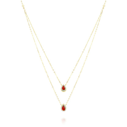 18K Pure Gold 2 Layer Red Stone Necklace