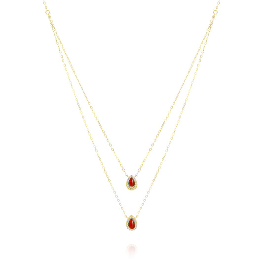 18K Pure Gold 2 Layer Red Stone Necklace