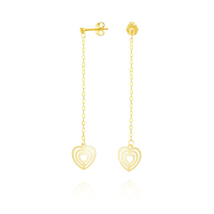 18K Pure Gold Hanging Heart Earring Set