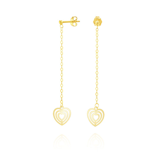 18K Pure Gold Hanging Heart Earring Set
