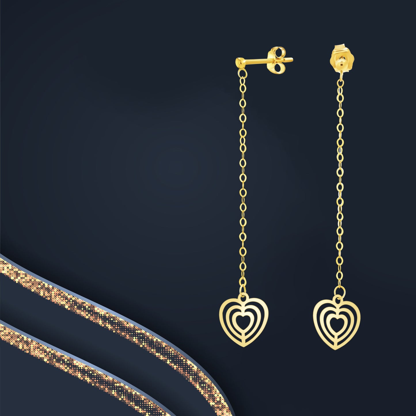 18K Pure Gold Hanging Heart Earring Set