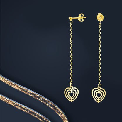 18K Pure Gold Hanging Heart Earring Set
