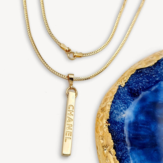 18K Pure Gold C.H Long Bar Necklace