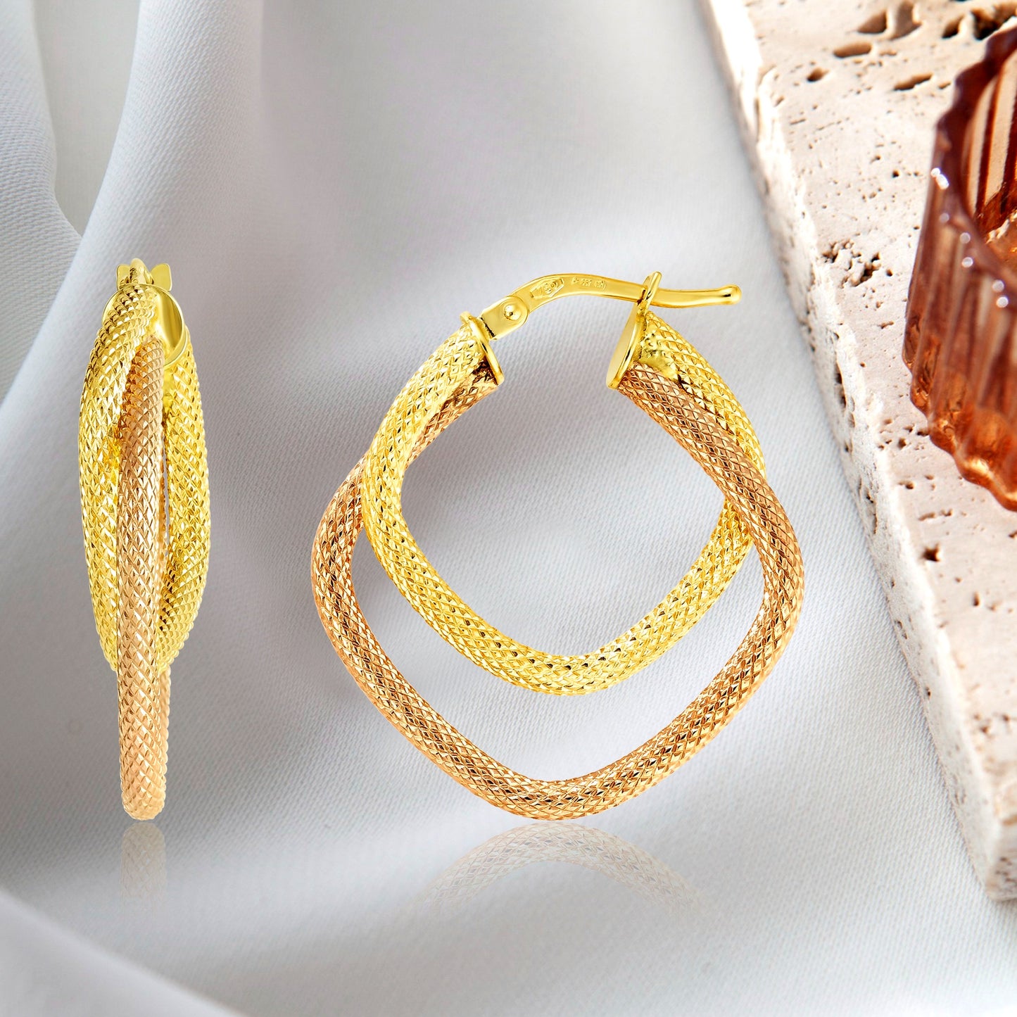 18K Pure Gold 2 Color Square Earrings