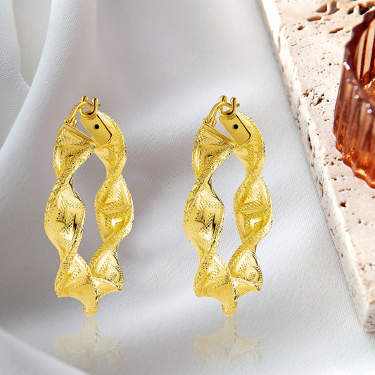 18K Pure Gold Twisted Round Loop Earrings