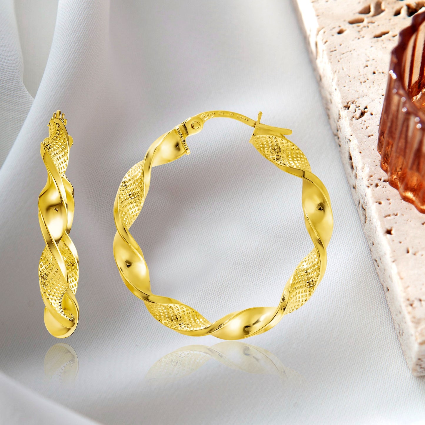 18K Pure Gold Twisted Round Loop Earrings