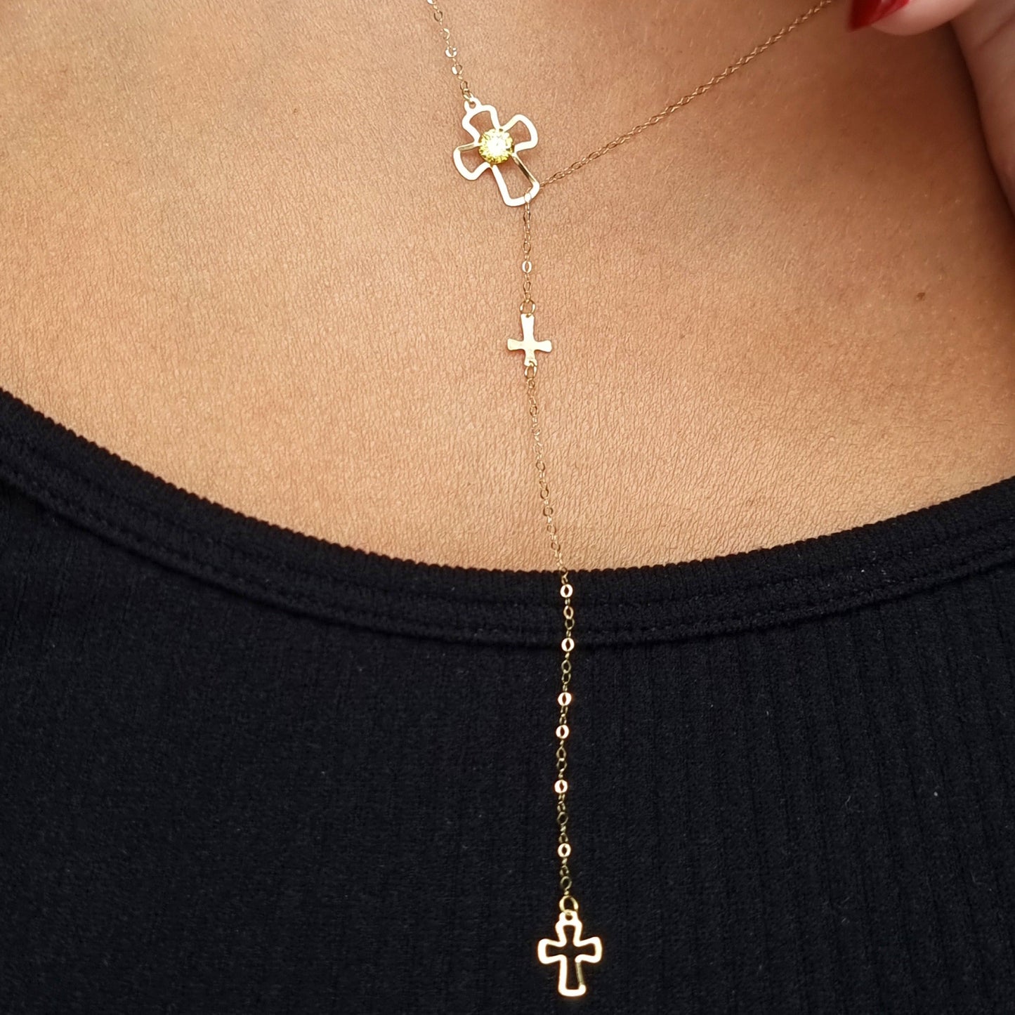 18K Pure Gold Stone Cross Necklace
